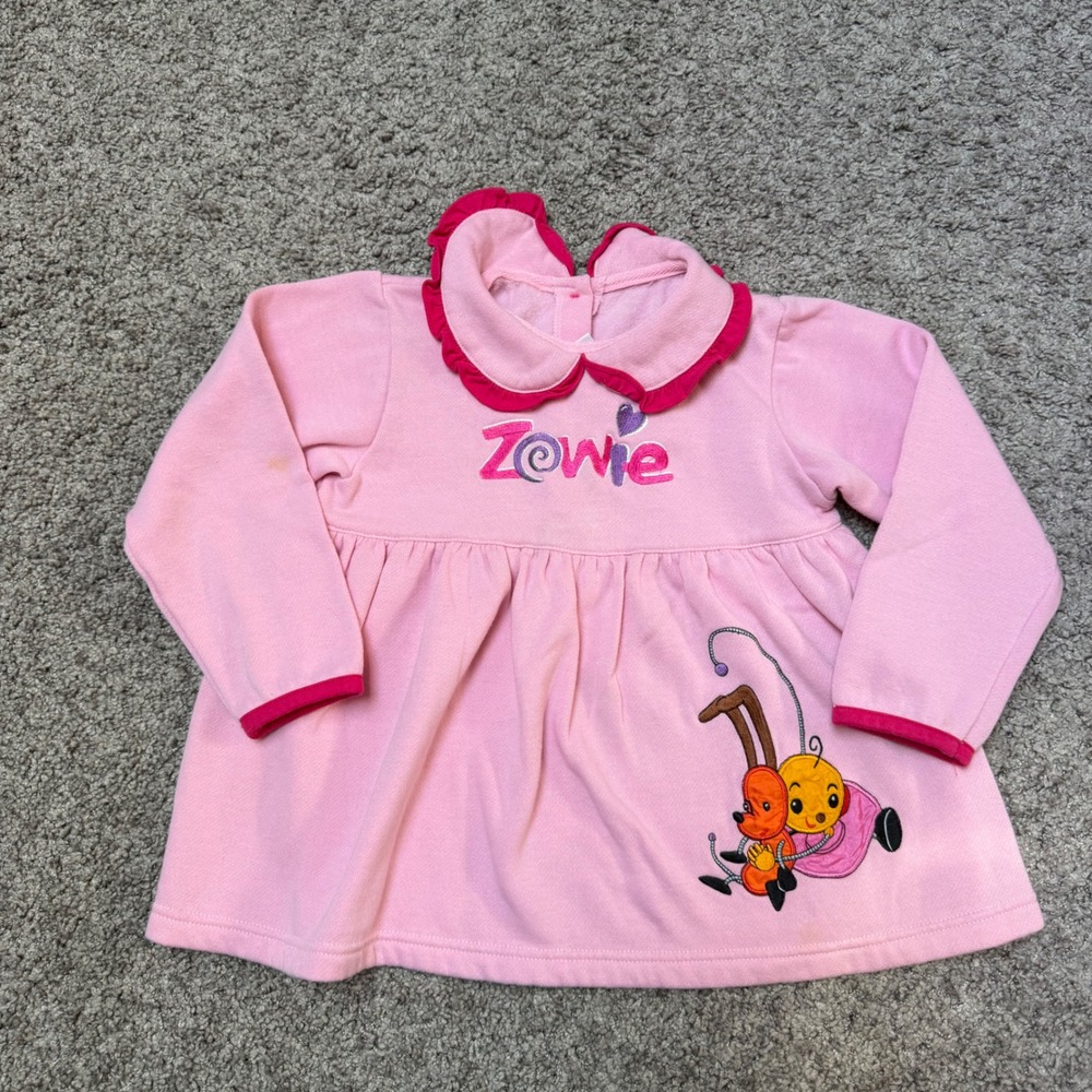 Vintage Rolie Polie Olie Zowie Sweater Dress Ruffles Embroidered Pink Girls 5T
